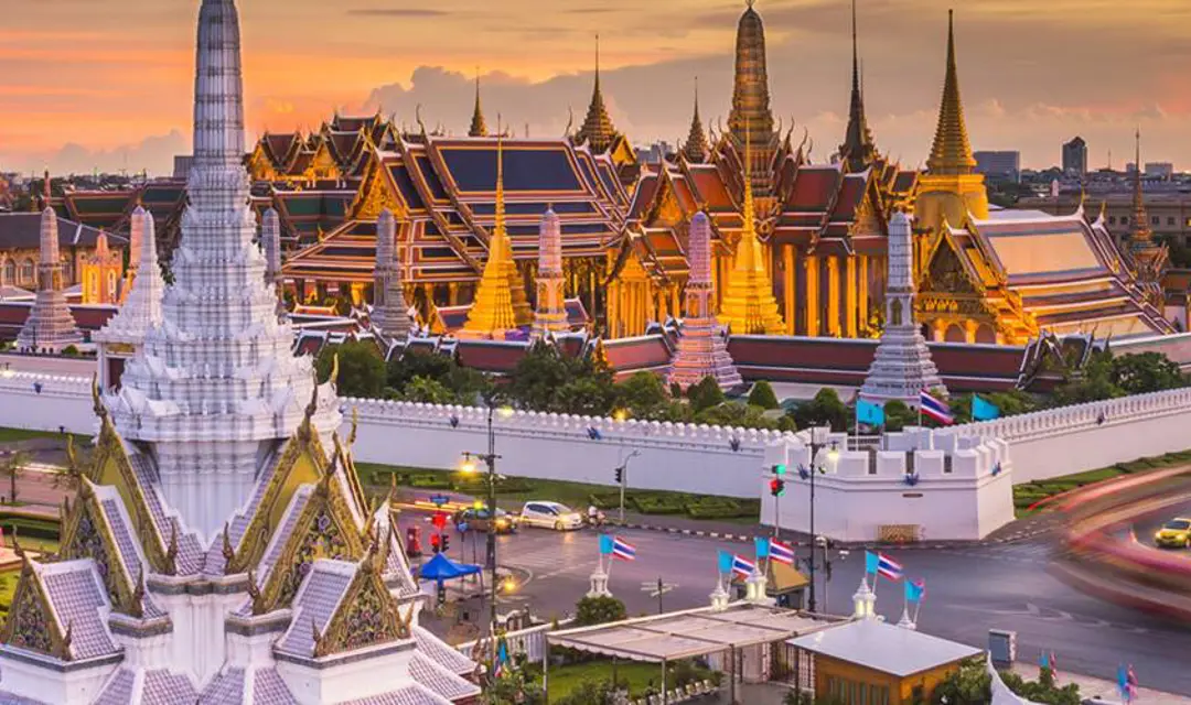 Temple at a busy crossroad in Thailand